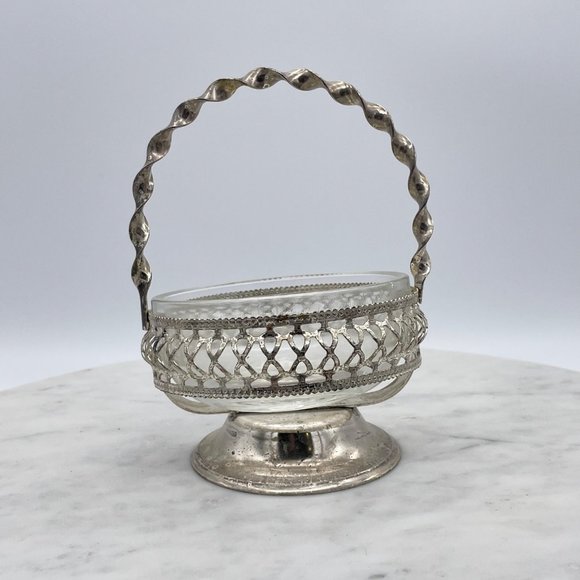Hand Blown Candy Dish Silver Plate Glass Bowl Nut Rose Basket Twisted Handle - Picture 3 of 7